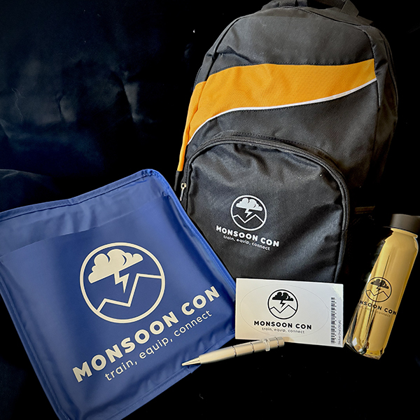 Branded backpack, seat cushion, water bottle, USB pen, and sticker