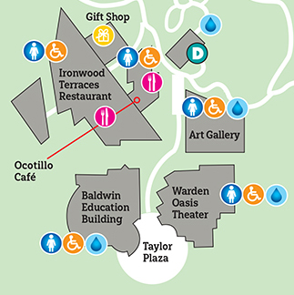 Map showing where the Theater, Green Room, and Taylor Plaza are